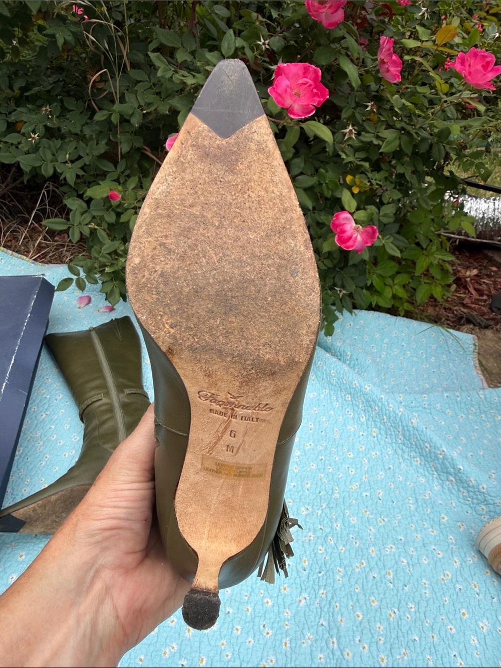 Faconnable Olive Green Knee-High Pointed-Toe Leather Boots - Picture 4 of 12